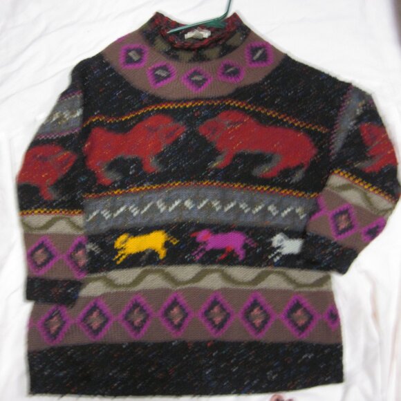 vtg 80s Susann D all wool graphic aztec mock neck tunic  sweater SHEEP graphic - Picture 1 of 7